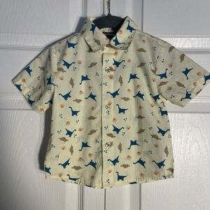 Happy Fella All Over Dinosaur Print Shirt Boys 3T Beige Short Sleeve Button Up